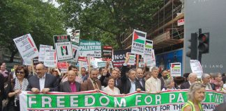 The front of Saturday’s 20,000-strong march in London demanding an end to the Israeli occupation of Palestine