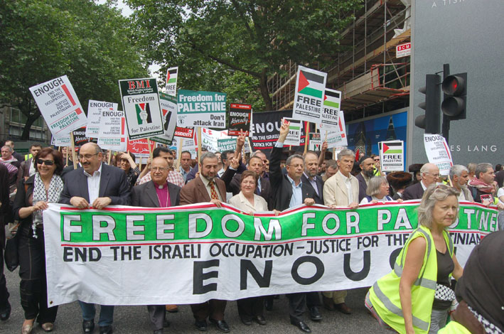 The front of Saturday’s 20,000-strong march in London demanding an end to the Israeli occupation of Palestine