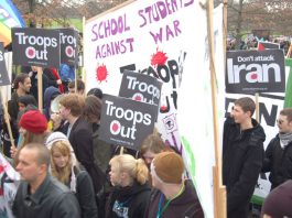 School students marching in London last February demanding the withdrawal of British troops from Iraq