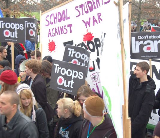 School students marching in London last February demanding the withdrawal of British troops from Iraq