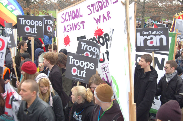 School students marching in London last February demanding the withdrawal of British troops from Iraq