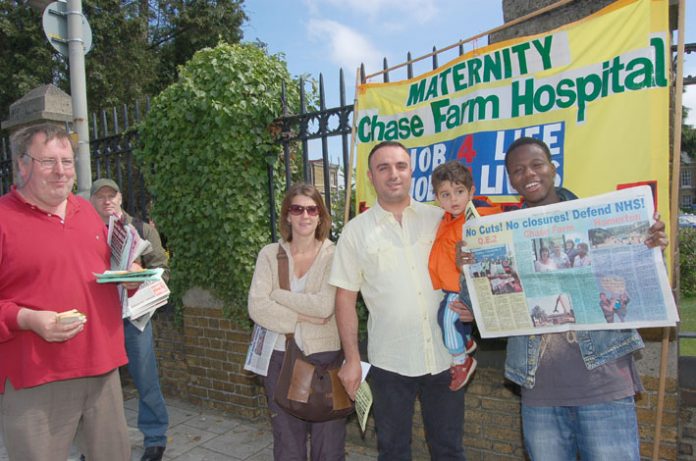 A section of the mass picket at Chase Farm Hospital organised by the North East London Council of Action on June 5th