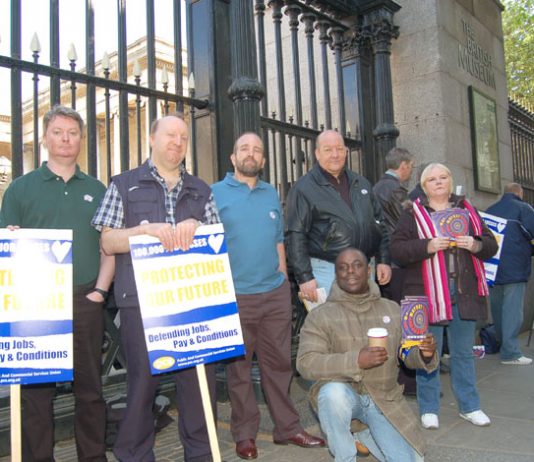 Determined PCS strikers outside the British Museum during the one-day national strike on May Day