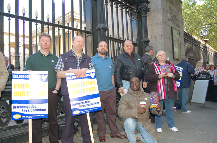 Determined PCS strikers outside the British Museum during the one-day national strike on May Day