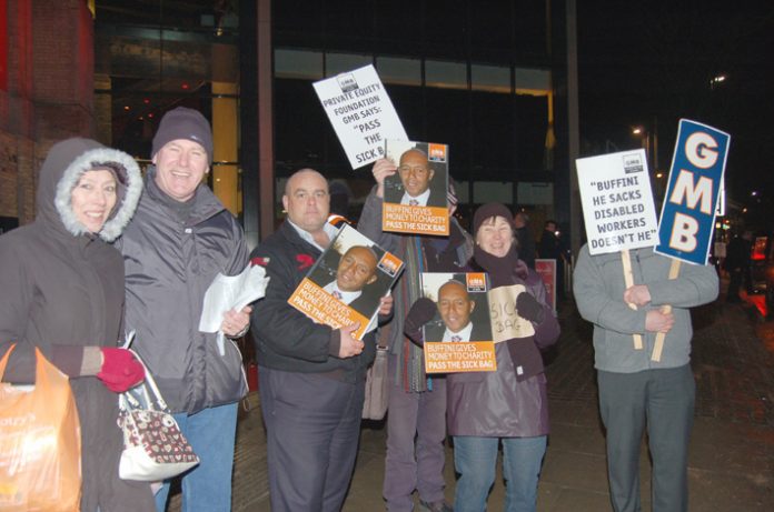 GMB protest outside a dinner to launch the Private Equity Foundation ‘charity’ last January