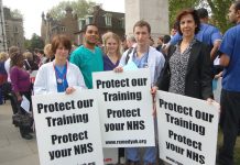 Junior doctors demanding training posts and calling for the defence of the NHS; many are very angry at the BMA for not defending them