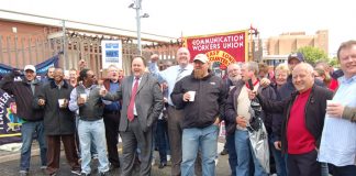 CWU leaders Billy Hayes and Dave Ward visited the picket line at Mandela Way, SE London yesterday, which was supported by local NUT branches