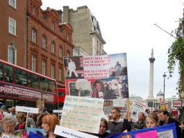 United Families and Friends demonstration to Downing Street last October showing the banner of Adam Rickwood, a 14-year-old who died whilst being ‘restrained’ at a Secure Training Centre within 3 months of Gareth Myatt’s death