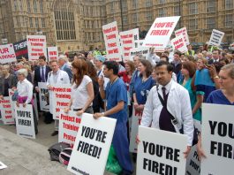 Junior doctors’ lobby of Parliament against the government’s NHS reforms which have cost 18,000 training posts