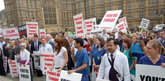 Junior doctors’ lobby of Parliament against the government’s NHS reforms which have cost 18,000 training posts