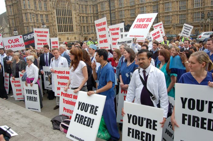 Junior doctors’ lobby of Parliament against the government’s NHS reforms which have cost 18,000 training posts