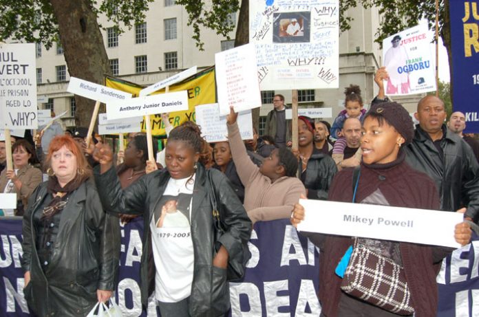 A section of last October’s United Families and Friends demonstration protesting outside Downing Street against the deaths of their loved ones in police and prison custody