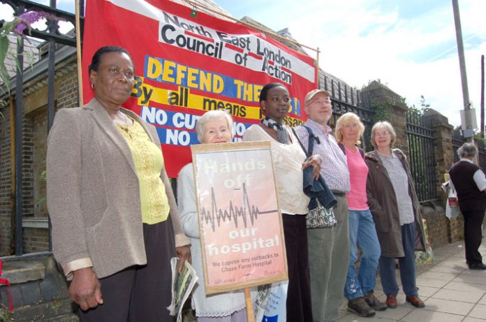 A section of the North East London Council of Action picket outside Chase Farm Hospital yesterday