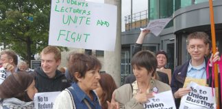 Part of the mass picket at London Met University yesterday midday – see feature in tomorrow’s News Line