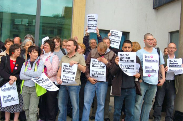 Angry lecturers outside the Holloway Road campus of London Metropolitan University