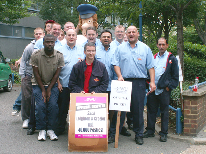 Postman Pat and friends on the picket line at E3 Sorting Office at Bow, London, yesterday morning