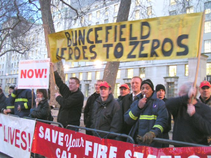 FBU demonstration outside a Downing Street dinner in honour of the Buncefield fire ‘heroes’ – two fire stations involved in fighting the fire have been closed due to cuts