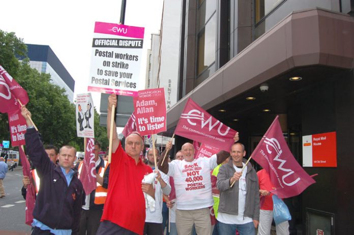 Determined postal workers demonstrating outside Royal Mail head office in London’s Old Street last Friday