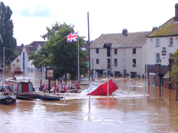 The scene outside the Kings Head pub in Upton Upon Severn in Worcestershire after the river burst its banks