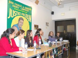 The platform at Monday’s night’s rally in Conway Hall