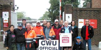 Determined CWU picket line at Crawley Delivery Office on July 13th