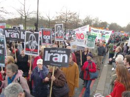 Demonstrators in London on February 24th against the war on Iraq demanding no attack on Iran
