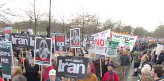 Demonstrators in London on February 24th against the war on Iraq demanding no attack on Iran