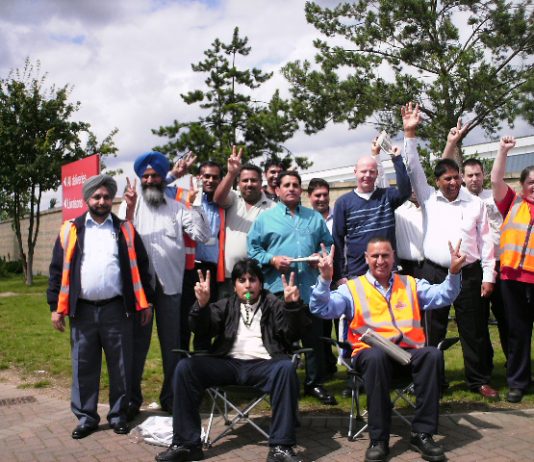 A lively picket line out yesterday afternoon at the Heathrow Worldwide Distribution Centre at Lanley, Slough