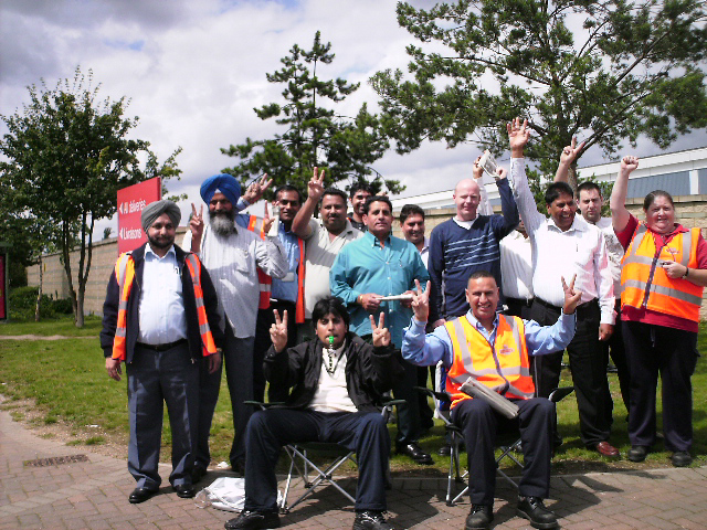 A lively picket line out yesterday afternoon at the Heathrow Worldwide Distribution Centre at Lanley, Slough