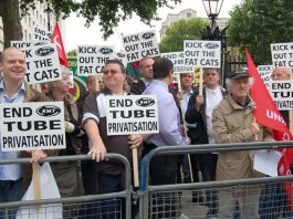 RMT members lobby Downing Street last week demanding an end to Tube privatisation – the rail union TSSA call for all work to be taken back in-house
