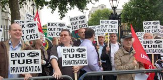 RMT members lobby Downing Street last week demanding an end to Tube privatisation – the rail union TSSA call for all work to be taken back in-house