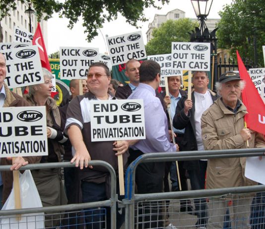 RMT members lobby Downing Street last week demanding an end to Tube privatisation – the rail union TSSA call for all work to be taken back in-house