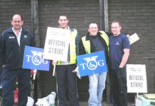 Nippon strike picket at Heathrow Airport yesterday against a major attack on their wages and conditions