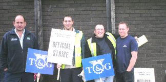 Nippon strike picket at Heathrow Airport yesterday against a major attack on their wages and conditions