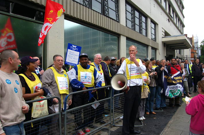 Busworkers protesting outside Victoria Coach Station in London yesterday against their appalling working conditions