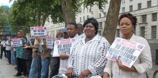 Demonstrators outside Downing Street yesterday demanding ‘Justice for Congolese Asylum seekers’ with a halt to any more deportations