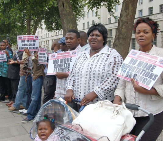 Demonstrators outside Downing Street yesterday demanding ‘Justice for Congolese Asylum seekers’ with a halt to any more deportations