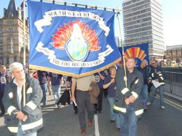 The banner of the South West Region of the FBU, where the union has condemned plans to downgrade Cornwall’s 24-hour fire stations at Falmouth and Cambourne to daytime opening only