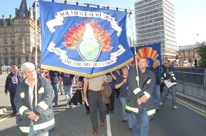 The banner of the South West Region of the FBU, where the union has condemned plans to downgrade Cornwall’s 24-hour fire stations at Falmouth and Cambourne to daytime opening only