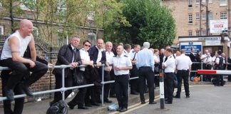 Striking prison officers outside Brixton prison yesterday