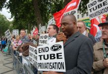 RMT members demonstrate opposite Downing St in July after the collapse of Metronet, demanding tube maintenance be taken back ‘in-house’. PM Brown refused