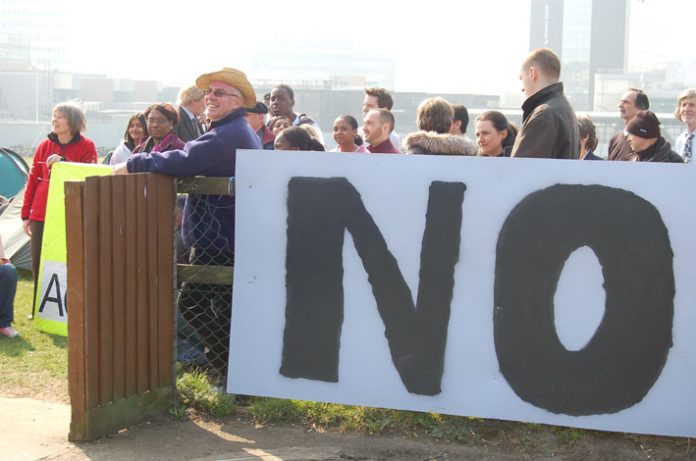 Teachers occupying the Wembley Park Sports Ground  against a City Academy say No to privately run schools