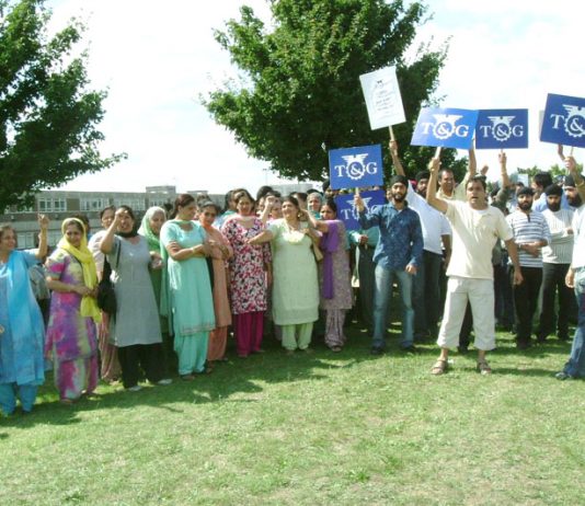 Gate Gourmet workers protest at Heathrow on August 11th 2005, the day after they were locked out by the Texas Pacific owned company