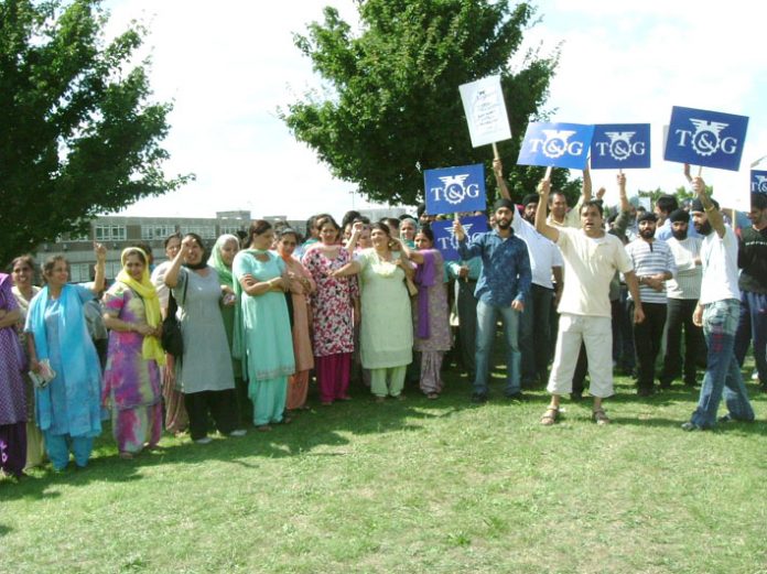 Gate Gourmet workers protest at Heathrow on August 11th 2005, the day after they were locked out by the Texas Pacific owned company