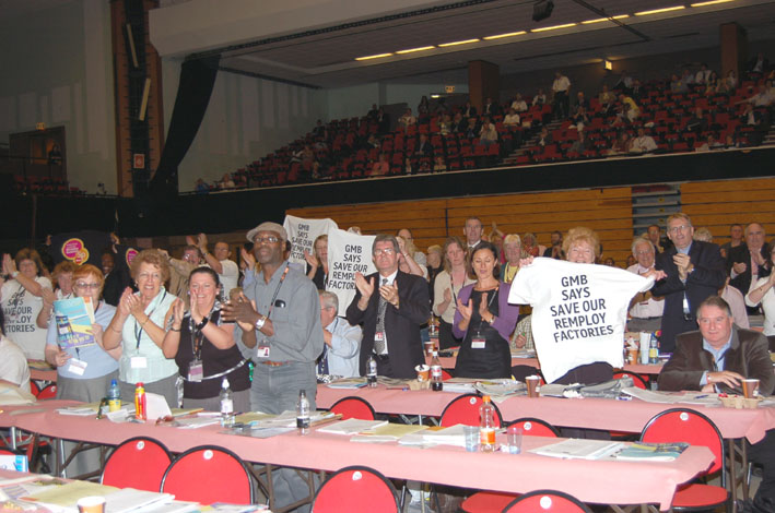 Part of the contingent of Gate Gourmet sacked workers with their historic banner outside the TUC Congress yesterday