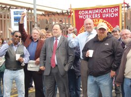 CWU leaders BILLY HAYES and DAVE WARD at the Mandela Way Delivery Office on June 29th