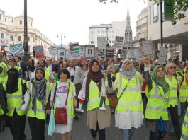Front of the June 9th demonstration in London in support of the Palestinian struggle