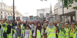 Front of the June 9th demonstration in London in support of the Palestinian struggle