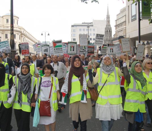 Front of the June 9th demonstration in London in support of the Palestinian struggle