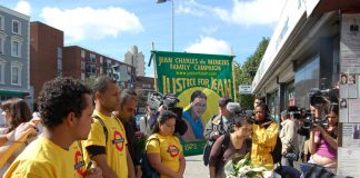 Members of the Jean Charles de Menezes family and supporters outside Stockwell Tube on July 22nd, the second anniversary of the  of the young Brazilian’s death